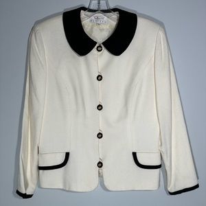 Talbots Petites Ivory Colored Suit Blazer Size 8 Wool Blend Black Gold Buttons